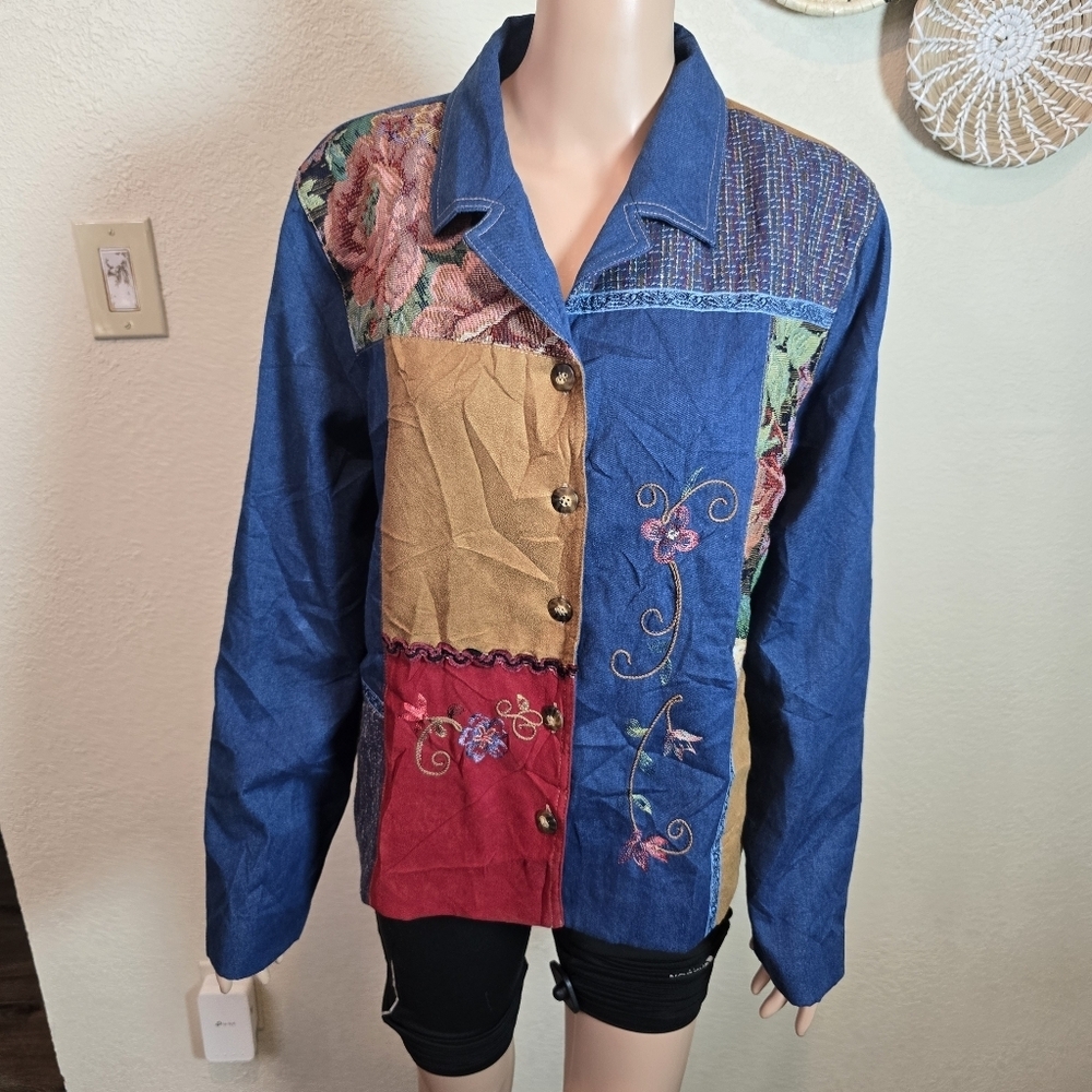 VTG Koret City Blues Women's Patchwork Embroidered Denim Jacket Large Country